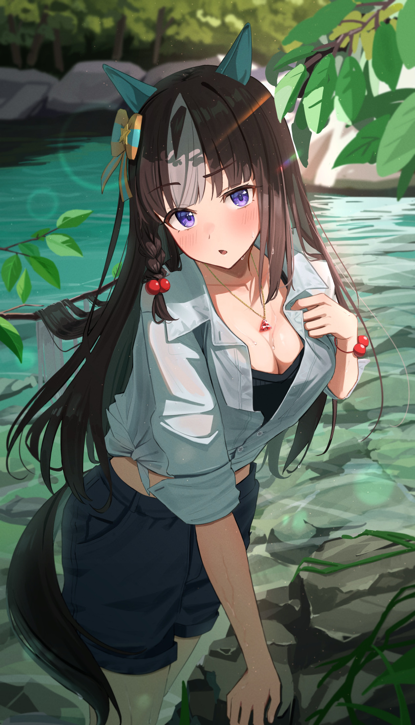 1girl absurdres animal_ears blush breasts brown_hair cidersour cleavage ear_covers highres hokko_tarumae_(umamusume) horse_ears horse_girl horse_tail jewelry long_hair long_sleeves looking_at_viewer multicolored_hair necklace outdoors puffy_long_sleeves puffy_sleeves purple_eyes rock solo stream striped_hair tail two-tone_hair umamusume water wet