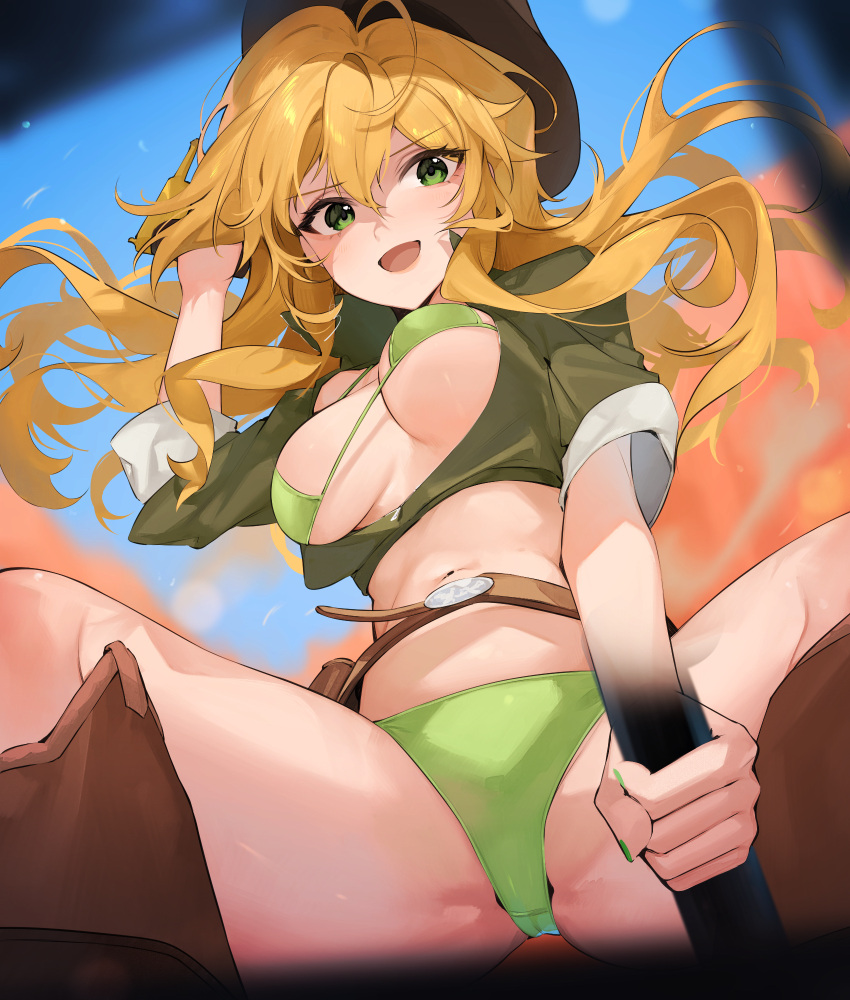 1girl belt bikini blonde_hair blue_sky breasts brown_belt brown_footwear commentary_request commission cowboy_hat crop_top cropped_legs cropped_shirt fingernails from_below green_bikini green_eyes green_nails green_shirt groin hair_between_eyes hat highres holding hoshii_miki idolmaster idolmaster_(classic) koyo_akio long_hair medium_breasts nail_polish navel open_mouth shirt skeb_commission sky smile solo spread_legs stomach swimsuit unaligned_breasts