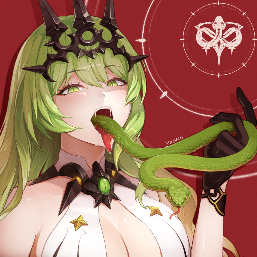 1girl bangs bare_shoulders black_gloves blonde_hair breasts cleavage commentary_request drooling forked_tongue gloves gradient_hair green_eyes green_hair hair_between_eyes headpiece highres honkai_(series) honkai_impact_3rd long_hair long_tongue looking_at_viewer mobius_(honkai_impact) multicolored_hair red_background saliva sleeveless slit_pupils snake solo tongue tongue_out y0ung