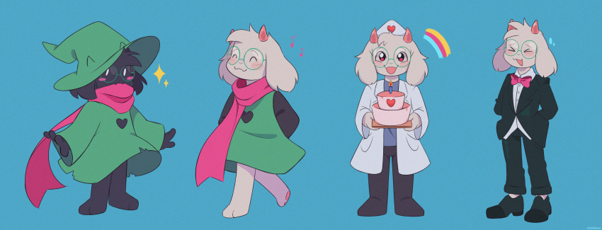 1boy :d absurdres animal_ears blue_background blush_stickers bow bowtie butler cake candle closed_eyes commentary deltarune english_commentary fafameow fangs food glasses goat_ears goat_horns green-framed_eyewear hat heart highres horns looking_at_viewer multiple_views nurse nurse_cap open_mouth pink_eyes pink_horns pink_scarf ralsei round_eyewear scarf simple_background smile white_fur wizard_hat