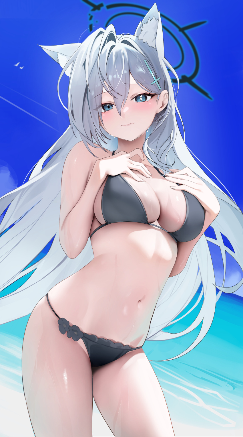 1girl absurdres animal_ear_fluff animal_ears bare_shoulders beach bikini black_bikini blue_archive blue_eyes blue_sky blush breasts bright_pupils cleavage closed_mouth collarbone commentary cross_hair_ornament extra_ears grey_hair hair_ornament halo highres large_breasts long_hair looking_at_viewer mismatched_pupils navel rable revision shiroko_(blue_archive) shiroko_terror_(blue_archive) shore sidelocks sky solo swimsuit thighs very_long_hair white_pupils wolf_ears