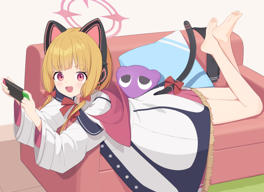 1girl :d absurdres animal_ear_headphones animal_ears aqoot barefoot blonde_hair blue_archive blunt_bangs blush bow bowtie cat_ear_headphones cat_tail collared_shirt commentary_request couch fake_animal_ears feet feet_up full_body hair_bow halo handheld_game_console headphones highres holding holding_handheld_game_console hood hood_down hooded_jacket jacket looking_at_viewer lying medium_hair momoi_(blue_archive) multicolored_clothes multicolored_jacket on_couch on_stomach open_mouth pillow pink_eyes pink_halo red_bow red_bowtie shirt smile soles solo stuffed_toy tail tail_bow tail_ornament teeth the_pose toes upper_teeth_only v-shaped_eyebrows white_background white_jacket white_shirt