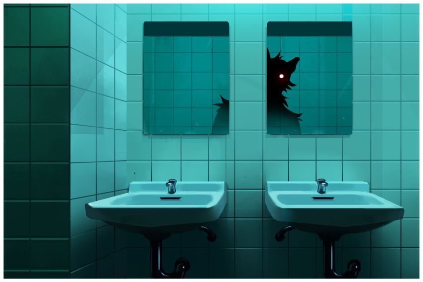 2024 3:2 aikselddaiks anthro bathroom biped canid canine canis fur glowing glowing_eyes hi_res horror_(theme) looking_at_viewer male mammal mirror shadow_face sink solo wolf