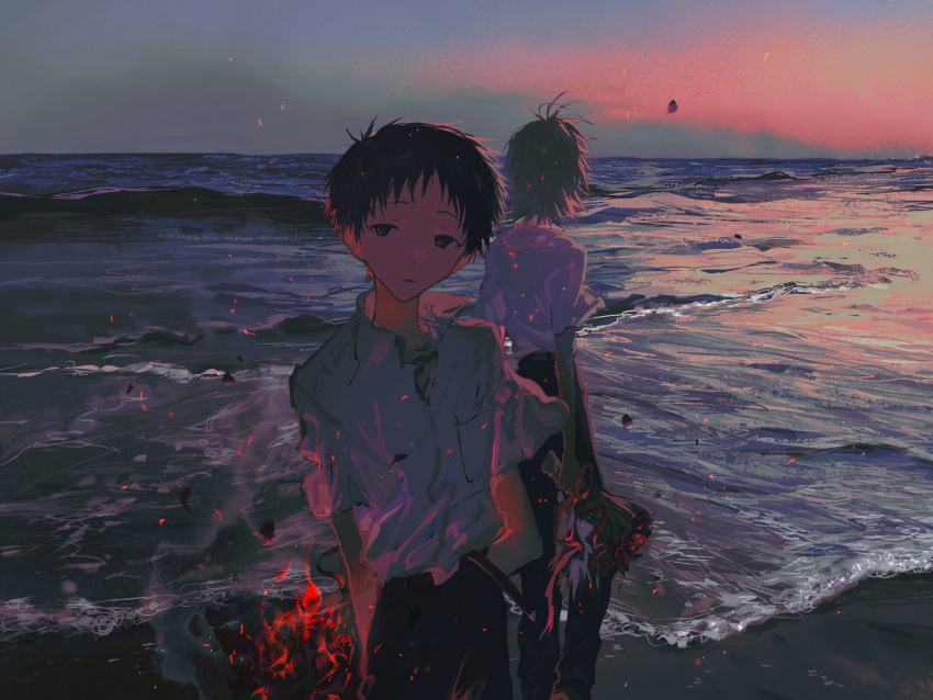 2boys back-to-back bare_arms belt black_belt black_hair black_pants bouquet campfire collared_shirt cowboy_shot embers feet_out_of_frame fishcoooo flower from_behind green_tank_top highres holding holding_behind_back holding_bouquet ikari_shinji male-female_symbol multiple_boys nagisa_kaworu neon_genesis_evangelion ocean outdoors pants petals pink_sky pocket rose shirt shore short_hair short_sleeves sky smoke sunset tank_top white_hair white_shirt white_sleeves yaoi