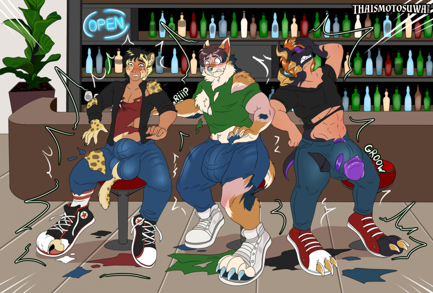 anthro bar bar_stool big_feet bursting_out_of_clothing clumsysk8ter feet furniture group hi_res human male mammal mandyroo shoe_burst stool thaismotosuwa transformation trio xin_(lumar)