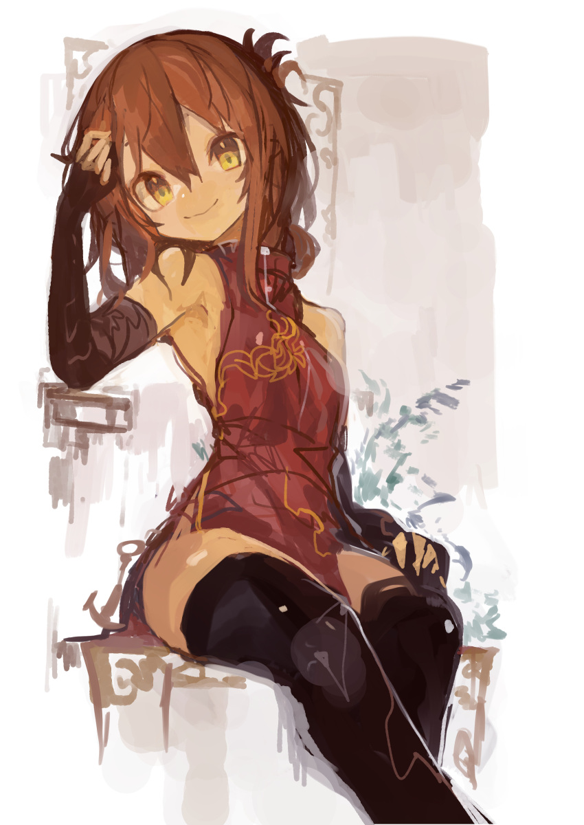 1girl absurdres black_gloves black_thighhighs brown_eyes brown_hair chinese_clothes double-parted_bangs dress elbow_gloves feet_out_of_frame fingerless_gloves folded_ponytail gloves hair_between_eyes hand_up highres inazuma_(kancolle) kaamin_(mariarose753) kantai_collection looking_at_viewer red_dress sitting sleeveless sleeveless_dress smile solo thighhighs white_background