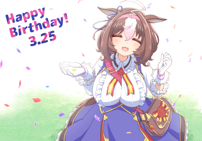 1girl ahoge animal_ears bag between_breasts blue_dress blush breasts brown_hair closed_eyes collared_shirt commentary_request confetti dated dress facing_viewer gloves grass hairband hands_up happy_birthday hihiqhi horse_ears horse_girl horse_tail large_breasts long_sleeves medium_hair meisho_doto_(umamusume) multicolored_hair open_mouth outdoors shirt shoulder_bag smile solo standing strap_between_breasts tail twitter_username two-tone_hair umamusume watermark white_gloves white_shirt