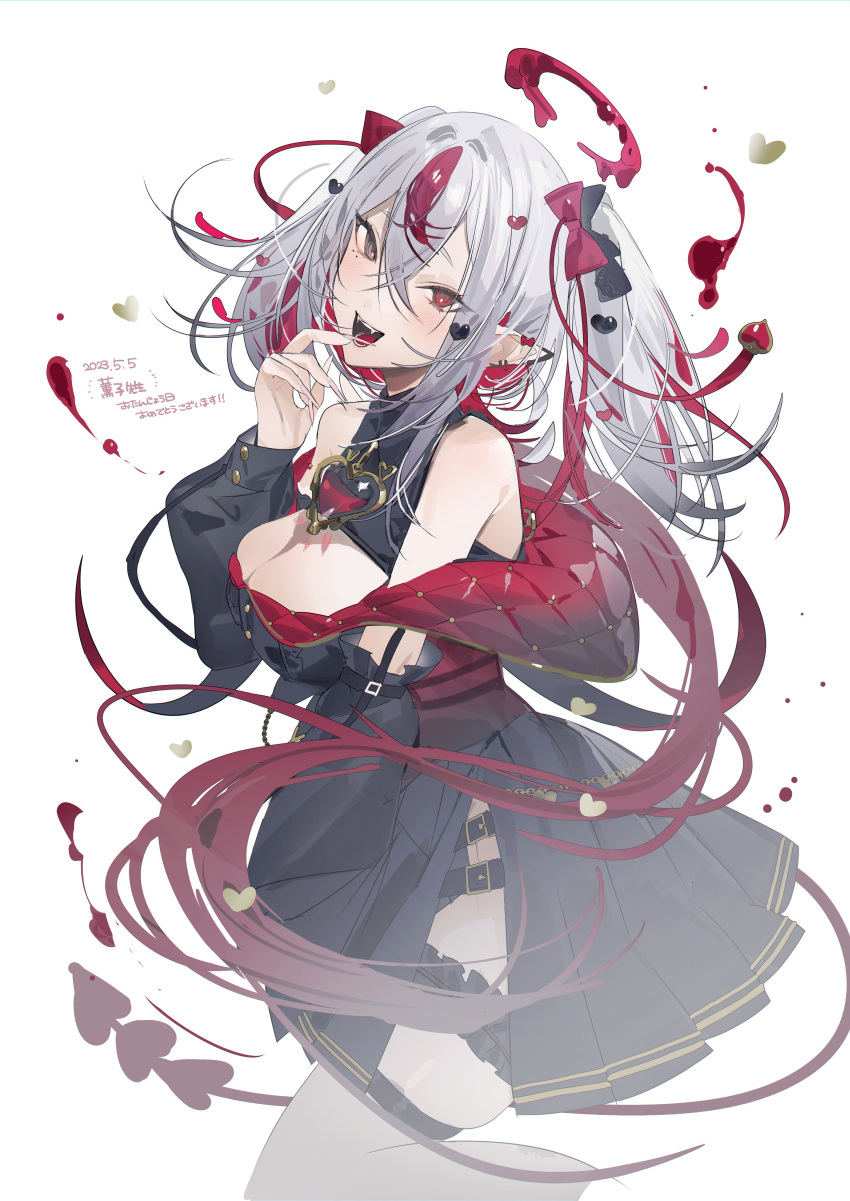 1girl :d absurdly_long_hair absurdres bare_shoulders black_bow black_jacket black_skirt black_sleeves blood blood_halo bochi_mumumu bow breasts bridal_garter cleavage cleavage_cutout clothing_cutout crossed_bangs demon_tail detached_sleeves earclip fangs feet_out_of_frame gradient_hair grey_eyes hair_bow halo hand_to_own_mouth heart-shaped_ornament heterochromia highres jacket large_breasts liquid_halo long_hair looking_at_viewer mayutsuba_mono multicolored_clothes multicolored_hair multicolored_jacket pleated_skirt pointy_ears red_bow red_eyes red_hair red_jacket side_slit skirt smile solo streaked_hair tail thigh_strap two-tone_jacket very_long_fingernails very_long_hair villusion virtual_youtuber white_background white_hair