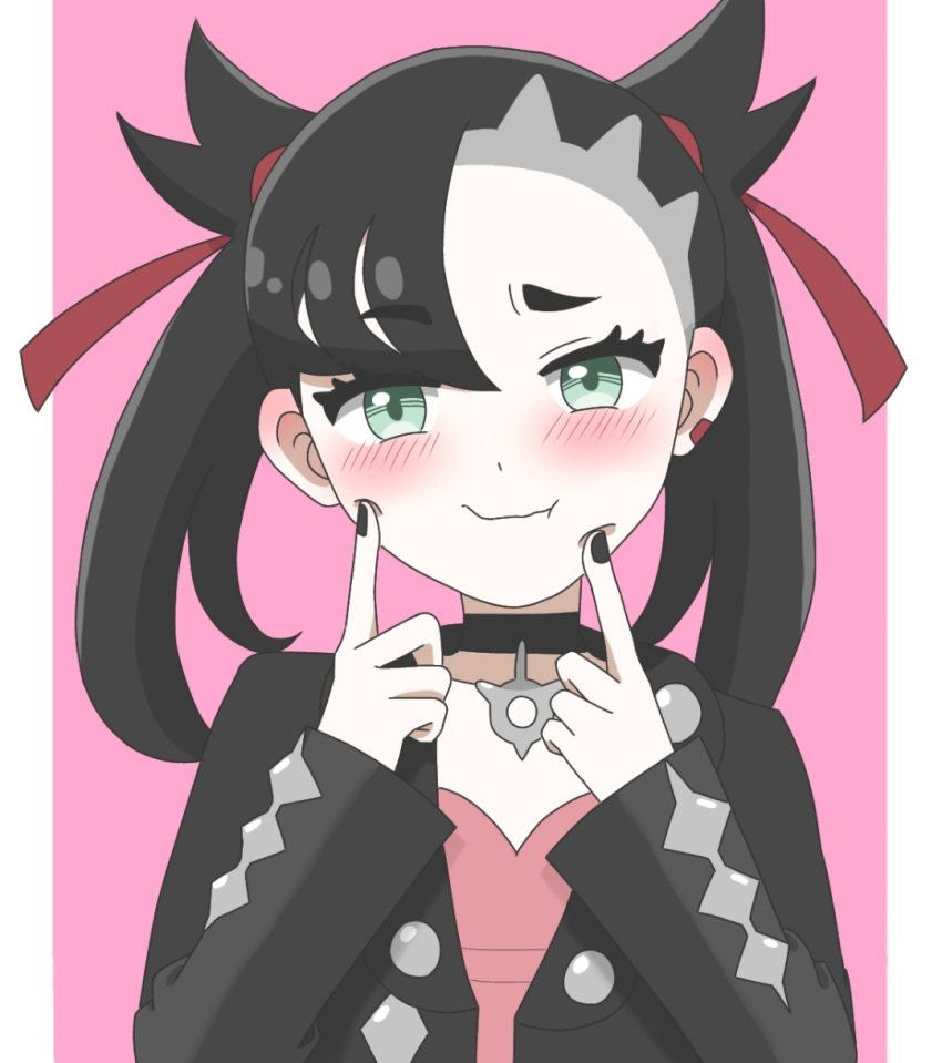 1girl :t asymmetrical_bangs black_choker black_hair black_jacket black_nails blush chiaki_(user_kzcd2254) choker ear_blush ear_piercing embarrassed finger_to_face green_eyes hair_ribbon highres index_finger_raised jacket looking_at_viewer marnie_(pokemon) piercing pokemon pokemon_swsh ribbon solo twintails undercut upper_body wavy_mouth