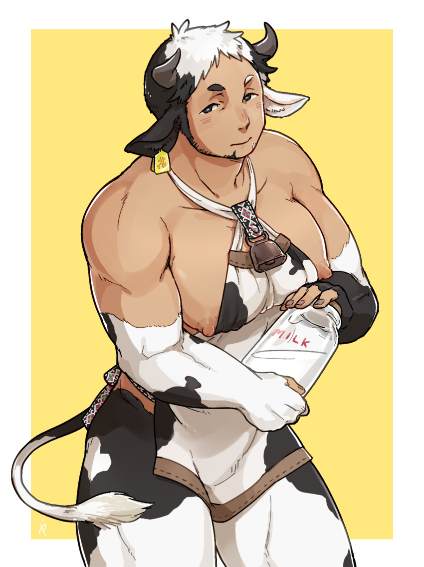 1boy animal_ears animal_print bara bare_shoulders beard black_hair blush body_fur bottle brothers_(ff8) costume_request covered_nipples cow_boy cow_ears cow_horns cow_print cow_tail dark-skinned_male dark_skin facial_hair feet_out_of_frame final_fantasy final_fantasy_v highres holding holding_bottle horns kaniharu large_pectorals long_sideburns looking_at_viewer male_focus manboobs mature_male milk_bottle multicolored_hair muscular muscular_male nipple_slip nipples original pectorals pelvic_curtain personification short_hair sideburns sidepec solo tail thick_thighs thighs two-tone_hair white_hair