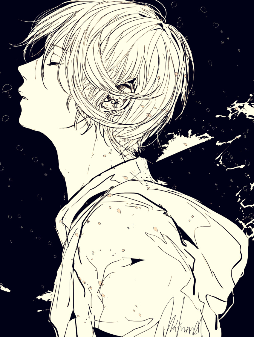 1boy 3kuma black_background closed_eyes commentary from_side greyscale head_back highres hood hoodie monochrome original parted_lips profile short_hair signature spot_color two-tone_background upper_body white_hair