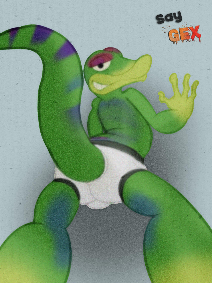 3:4 anthro backsack balls black_seam_briefs black_seam_underwear blue_body blue_scales briefs briefs_only bulge butt clothed clothing colored_seam_underwear detailed_background english_text gecko genitals gex_(series) gex_the_gecko gradient_background green_body green_scales grey_background hi_res illegaleel lizard male markings open_mouth orange_text presenting presenting_hindquarters purple_body purple_scales purple_text red_text reptile scales scalie simple_background smile solo striped_markings stripes teeth_showing text tighty_whities topless underwear underwear_only white_briefs white_clothing white_underwear