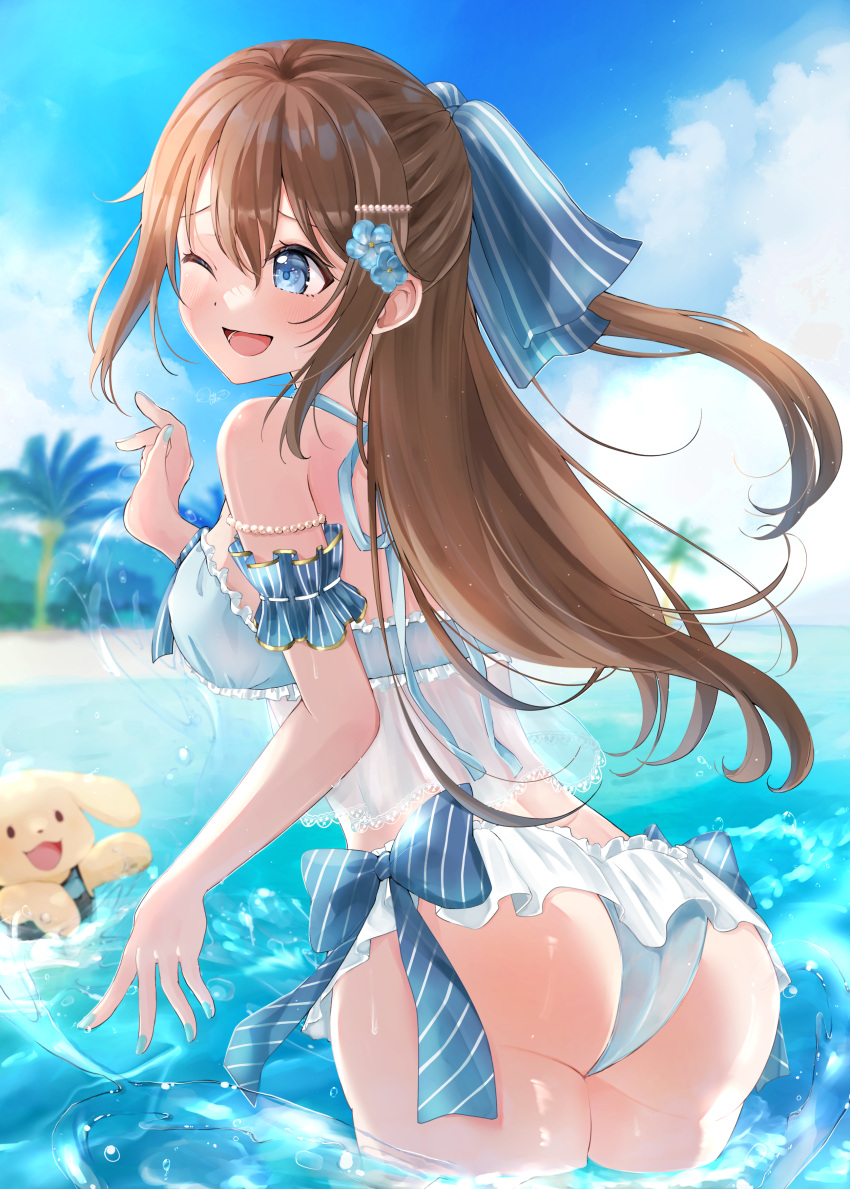 1girl ;d absurdres arm_cuffs ass bikini blue_bikini blue_bow blue_eyes blue_flower blurry blurry_background bow bow_bikini breasts brown_hair commentary dog flower frilled_bikini frilled_cuffs frills from_behind hair_between_eyes hair_bow hair_flower hair_ornament hairclip half_updo halterneck highres long_hair love_live! love_live!_nijigasaki_high_school_idol_club medium_breasts nyako_(utaneko31) odaiba_beach_girl_(love_live!) one_eye_closed open_mouth ophelia_(love_live!) osaka_shizuku ponytail sidelocks smile solo splashing swimsuit wading