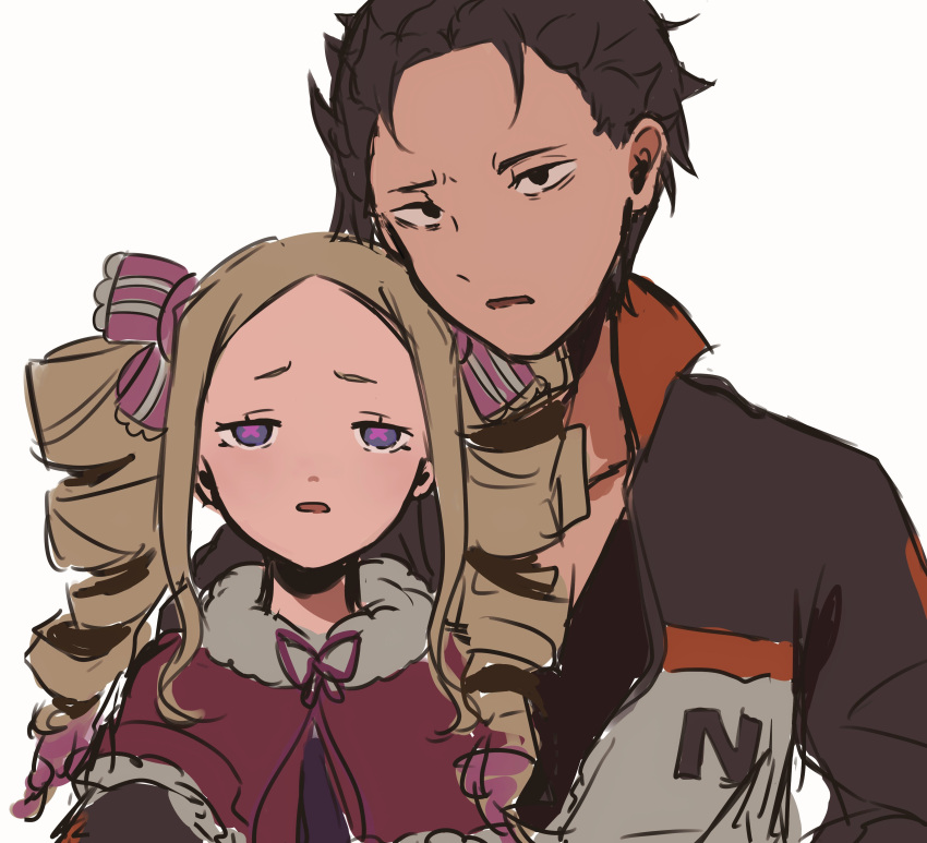 1boy 1girl absurdres beatrice_(re:zero) black_hair blonde_hair capelet drill_hair fur_trim hair_slicked_back highres hou_(pixiv73408326) long_hair looking_at_viewer natsuki_subaru no_bangs open_mouth re:zero_kara_hajimeru_isekai_seikatsu ribbon short_hair track_suit twin_drills white_background