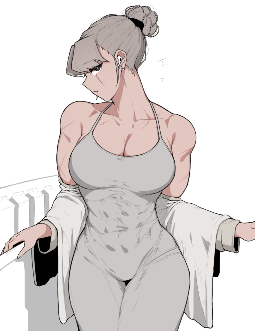 1girl abs breasts cleavage dress earphones grey_dress grey_eyes hair_bun highres jacket large_breasts looking_at_viewer muscular muscular_female oddsnail original scar scar_on_face solo tight_clothes tight_dress white_background