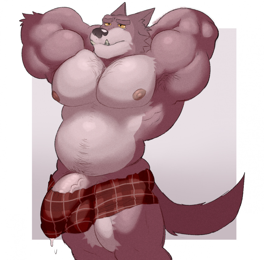 anthro balls biceps bulge canid canine canis clothing fangs fleshformomo fur genitals hi_res male mammal muscular muscular_anthro muscular_male nipples pecs penis solo tail teeth underwear vein veiny_penis wolf