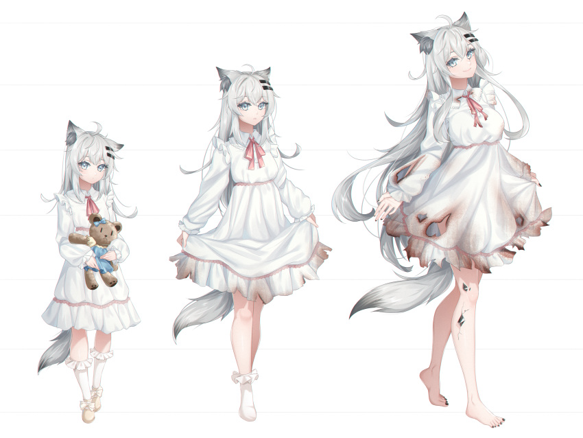 1girl :o absurdres age_progression ahoge animal_ear_fluff animal_ears arknights barefoot black_nails breasts brown_footwear closed_mouth commentary dress english_commentary grey_eyes grey_hair hair_between_eyes hair_ornament hairclip highres hugging_object lappland_(arknights) long_hair long_sleeves material_growth medium_breasts nail_polish nanaya_journey no_shoes oripathy_lesion_(arknights) parted_lips puffy_long_sleeves puffy_sleeves shoes skirt_hold sleeves_past_wrists smile socks stuffed_animal stuffed_toy tail teddy_bear toenail_polish toenails torn_clothes torn_dress very_long_hair white_background white_dress white_socks