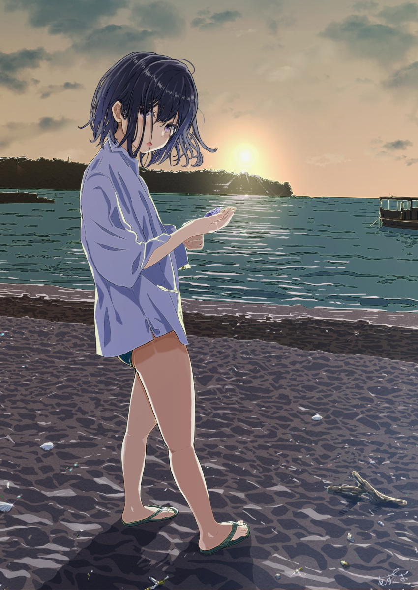 1girl beach bikini bikini_under_clothes blue_hair blush boat breasts cleavage commentary_request flip-flops fushimi_asuha highres horizon looking_at_viewer ocean open_mouth original outdoors purple_eyes sandals shirt short_hair solo standing sunset swimsuit watercraft white_shirt