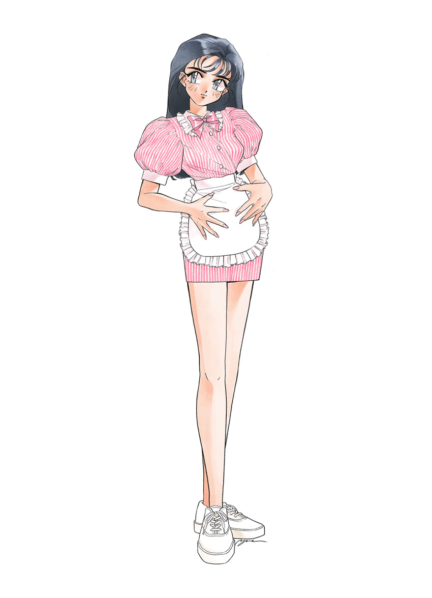 1990s_(style) 1girl apron black_hair bow collared_dress dress english_commentary frilled_apron frills full_body highres long_hair looking_to_the_side original pink_bow retro_artstyle shoes sneakers solo vans waitress white_apron white_footwear yue_(yung_n_dum_)