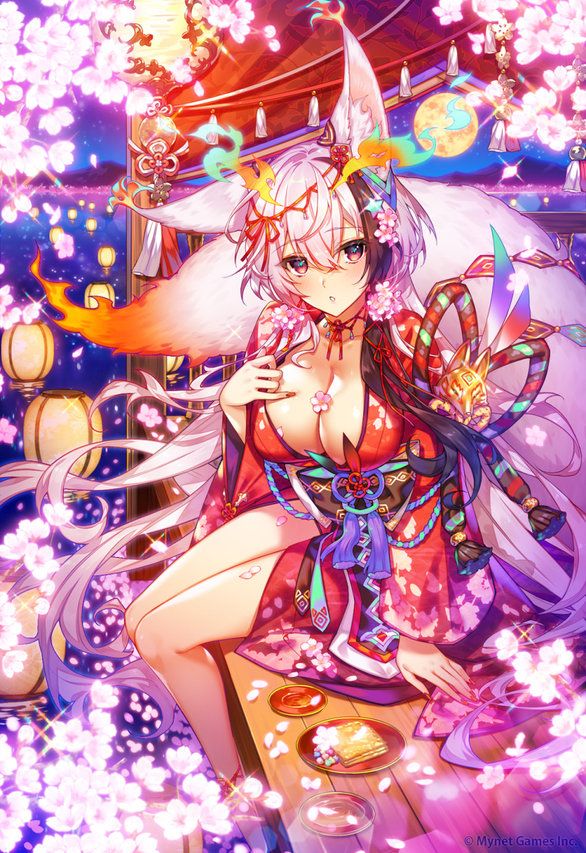 1girl aburaage age_of_ishtaria alcohol animal_ear_fluff animal_ears breasts cherry_blossoms cleavage collarbone floral_print floral_print_kimono flower food fox_ears fox_mask fox_tail full_moon grey_hair highres japanese_clothes kimono lantern large_breasts looking_at_viewer mask moon munlu_(wolupus) night night_sky official_art red_eyes red_kimono seimei_(age_of_ishtaria) sitting sky solo tail wide_sleeves