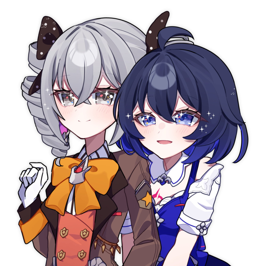 2girls :d black_bow black_hair blue_eyes blue_hair blush bow bronya_zaychik brown_jacket closed_mouth collared_shirt commentary_request drill_hair gloves grey_eyes grey_hair hair_between_eyes hair_bow highres honkai_(series) honkai_impact_3rd jacket long_sleeves multicolored_hair multiple_girls orange_bow pino_(pino2452) polka_dot polka_dot_bow red_vest seele_vollerei shirt short_sleeves simple_background smile sparkle striped_clothes striped_shirt twin_drills twintails two-tone_hair upper_body vertical-striped_clothes vertical-striped_shirt vest white_background white_gloves white_shirt