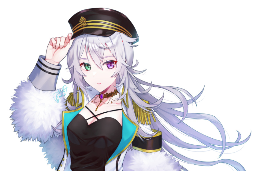 1girl adjusting_clothes adjusting_headwear armband breasts character_request choker cleavage commission copyright_request epaulettes expressionless fur_sleeves green_eyes hat heterochromia jacket long_hair purple_eyes sleeve_cuffs solo tokifuji_kougetsu upper_body very_long_hair virtual_youtuber white_hair