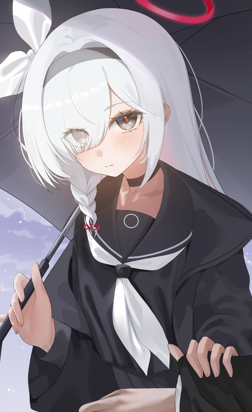 1girl 1other absurdres black_choker black_coat black_eyes black_hairband black_sailor_collar black_serafuku blue_archive blush braid choker closed_mouth coat eyes_visible_through_hair habetto_(jvzt7737) hair_over_one_eye hairband halo highres long_hair long_sleeves neckerchief open_clothes open_coat pink_hair plana_(blue_archive) red_halo sailor_collar school_uniform serafuku single_braid solo_focus white_hair white_neckerchief