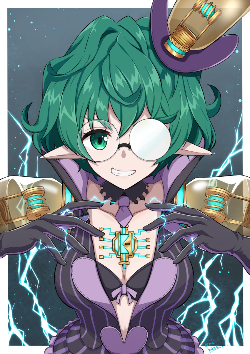 1girl black_dress black_gloves breasts cleavage collarbone commentary_request dress electricity electrokinesis glasses gloves green_eyes green_hair grin hair_between_eyes highres light_bulb looking_at_viewer makibane_(mkbane) opaque_glasses pandoria_(xenoblade) partially_opaque_glasses pointy_ears purple_gloves round_eyewear small_breasts smile solo striped_clothes striped_dress tilted_headwear upper_body vertical-striped_clothes vertical-striped_dress xenoblade_chronicles_(series) xenoblade_chronicles_2
