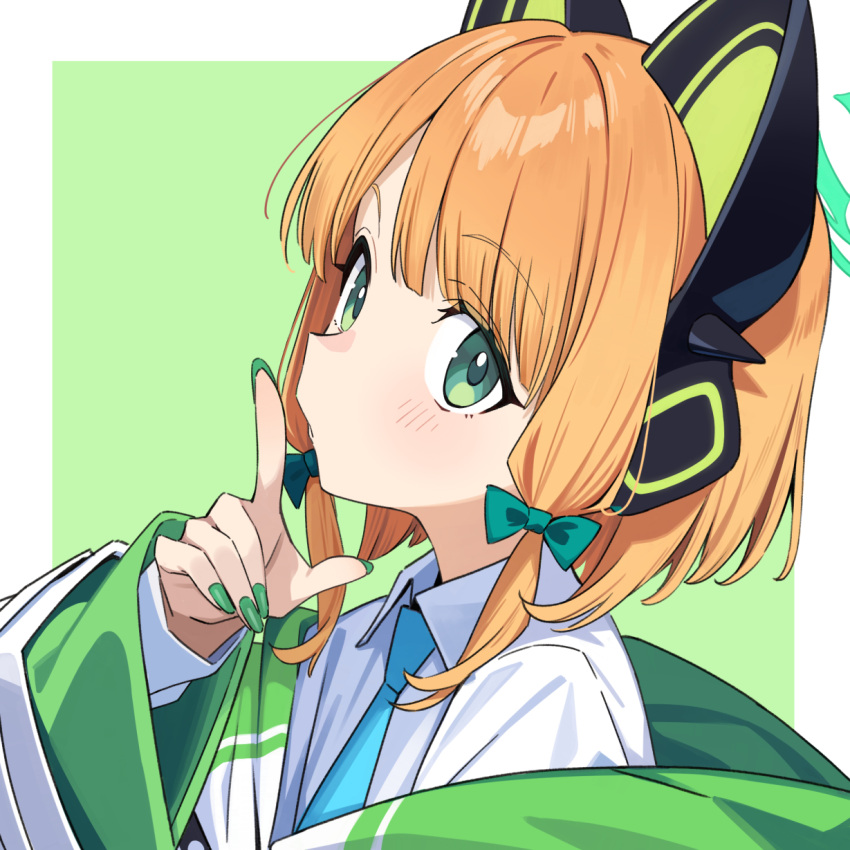 1girl animal_ear_headphones animal_ears blonde_hair blue_archive blue_necktie bow collared_shirt fake_animal_ears fingernails green_bow green_eyes green_halo green_nails hair_bow halo headphones highres index_finger_raised jacket looking_at_viewer midori_(blue_archive) nail_polish necktie shirt short_hair solo upper_body white_jacket white_shirt xiaoxiao_de_kuangsan