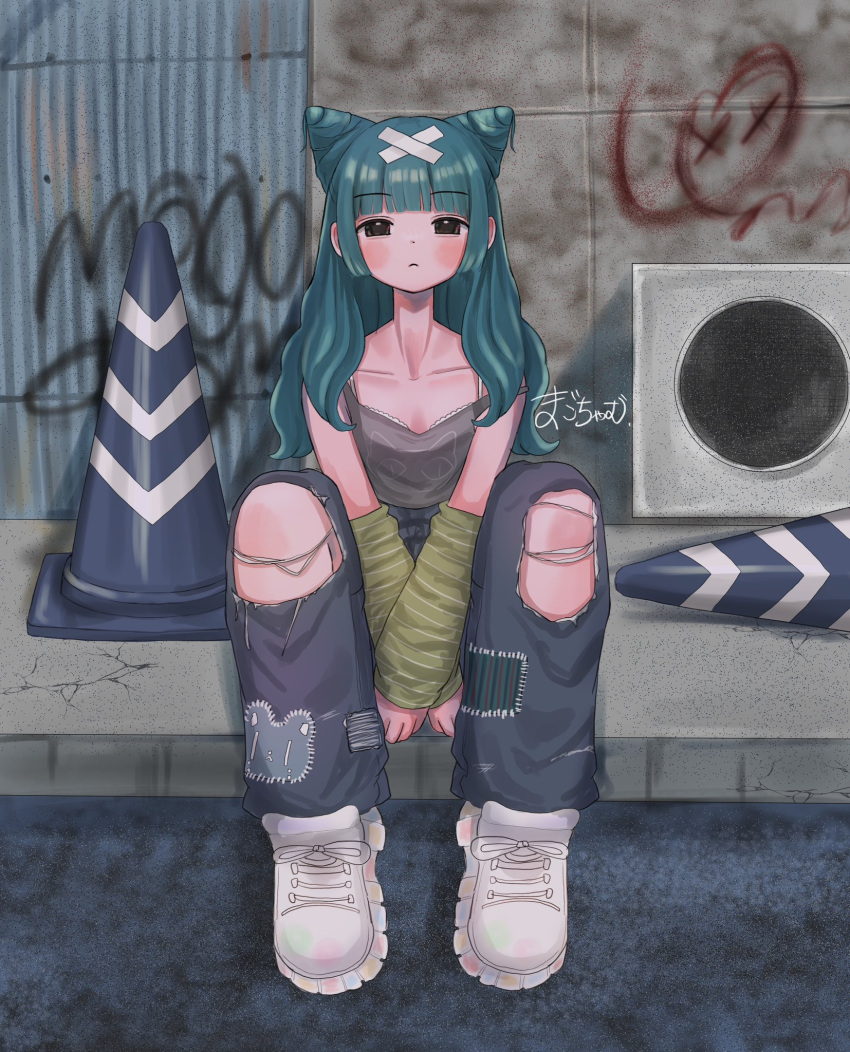 1girl aqua_hair arm_warmers arms_between_legs bandaid bandaid_on_head blunt_bangs closed_mouth collarbone cone_hair_bun crossed_bandaids full_body grey_pants grey_shirt hair_bun highres knees_up long_hair looking_at_viewer magochamu original outdoors pants patch shirt shoes sidewalk sitting sleeveless sleeveless_shirt solo strap_slip striped_arm_warmers torn_clothes torn_pants traffic_cone white_footwear