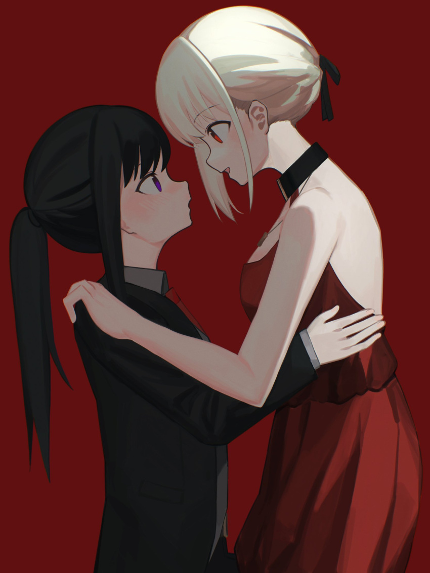 2girls bare_arms bare_shoulders black_hair black_jacket black_ribbon blonde_hair blush commentary dress eye_contact from_side hair_ribbon hair_up hand_on_another's_shoulder hand_on_another's_waist hashtag-only_commentary highres inoue_takina jacket long_hair long_sleeves looking_at_another lu_guan lycoris_recoil multiple_girls nishikigi_chisato open_mouth ponytail profile purple_eyes red_background red_dress red_eyes ribbon simple_background sleeveless sleeveless_dress smile yuri