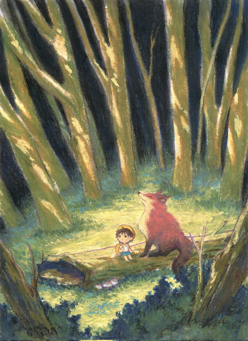 animal backpack bag blue_skirt body_fur brown_hair bush forest fox grass hat highres mushroom nature nihiru0513 orange_fur original outdoors painting_(medium) red_fox shirt sitting skirt traditional_media tree white_shirt yellow_bag yellow_fur yellow_hat