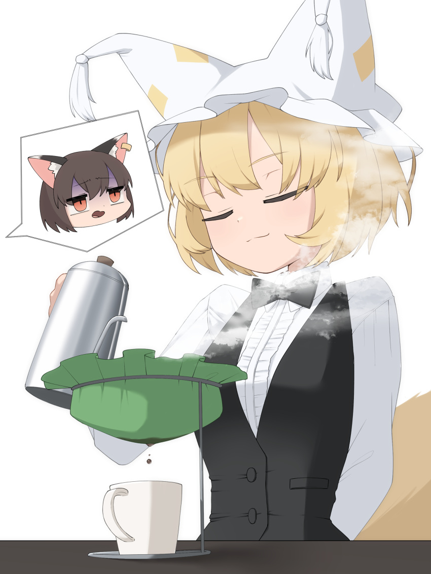 2girls :3 absurdres animal_ear_fluff animal_ear_headwear animal_ear_piercing animal_ears arm_behind_back asakura_haru black_bow black_bowtie black_vest blonde_hair bow bowtie breasts cat_ears chen closed_eyes closed_mouth coffee coffee_mug collared_shirt colored_inner_animal_ears commentary_request cup disgust dot_nose double-parted_bangs dripping fox_tail frilled_shirt frills furrowed_brow hat highres holding_kettle jitome long_sleeves medium_breasts mob_cap mug multiple_girls pleated_shirt pouring pouring_through_clothes shirt short_hair simple_background solo_focus spoken_expression standing steam tail touhou upper_body vest white_background white_shirt yakumo_ran