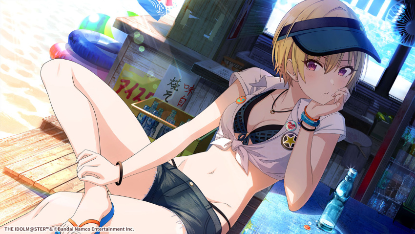 1girl badge bikini bikini_under_clothes blonde_hair blue_bikini bracelet breasts button_badge commentary_request flip-flops front-tie_bikini_top front-tie_top game_cg highres idolmaster idolmaster_shiny_colors jewelry medium_breasts necklace official_art purple_eyes ring ring_necklace saijo_juri sandals shirt short_hair shorts solo swimsuit tomari_(veryberry00) visor_cap white_shirt