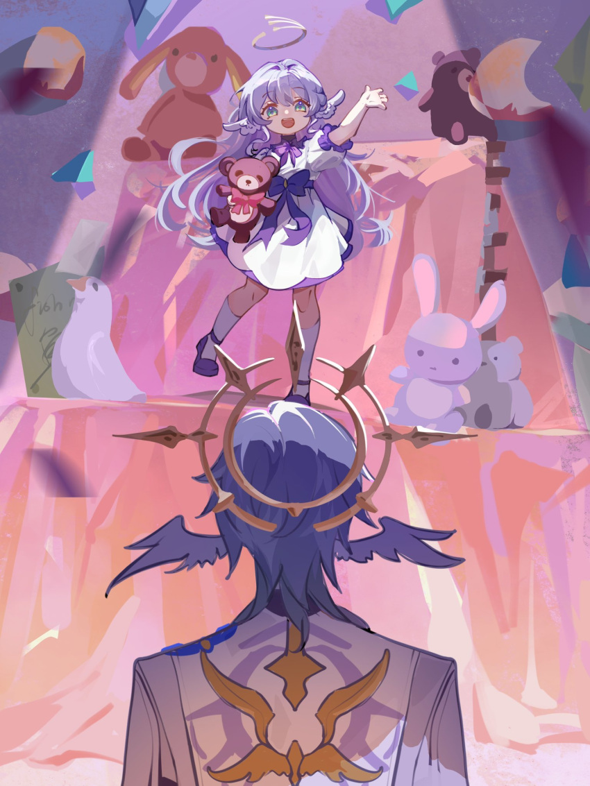 1boy 1girl aged_down aqua_eyes bow brother_and_sister child coat dress feathered_wings fishnutti grey_hair halo head_wings highres holding holding_stuffed_toy honkai:_star_rail honkai_(series) long_hair looking_at_another medium_hair music puffy_short_sleeves puffy_sleeves purple_bow purple_footwear purple_hair robin_(honkai:_star_rail) short_sleeves siblings singing socks spiked_halo stage stuffed_animal stuffed_rabbit stuffed_toy sunday_(honkai:_star_rail) teddy_bear white_coat white_dress white_socks wings