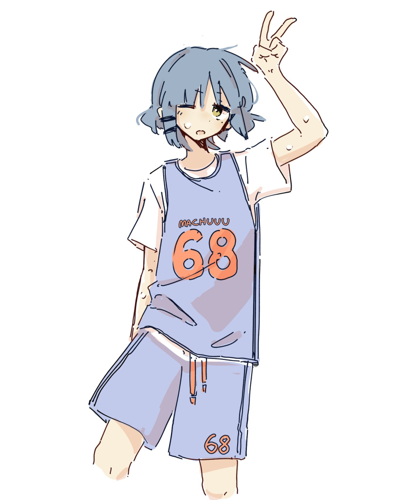 1girl absurdres alternate_costume basketball_uniform blue_hair bocchi_the_rock! english_commentary hair_ornament hairclip highres machuuu68 medium_hair mole mole_under_eye one_eye_closed open_mouth shorts sportswear sweat twitter_username undershirt uniform v white_undershirt yamada_ryo yellow_eyes