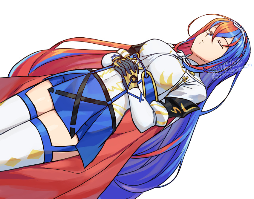 1girl absurdres alear_(female)_(fire_emblem) alear_(fire_emblem) artist_name betabetamaru blue_hair blue_skirt cape closed_eyes closed_mouth commission crossed_bangs fire_emblem fire_emblem_engage gloves hair_between_eyes highres interlocked_fingers long_hair long_sleeves multicolored_hair own_hands_together pixiv_commission red_cape red_hair shirt skirt sleeping solo thighhighs tiara twitter_username two-tone_hair very_long_hair white_background white_shirt white_thighhighs