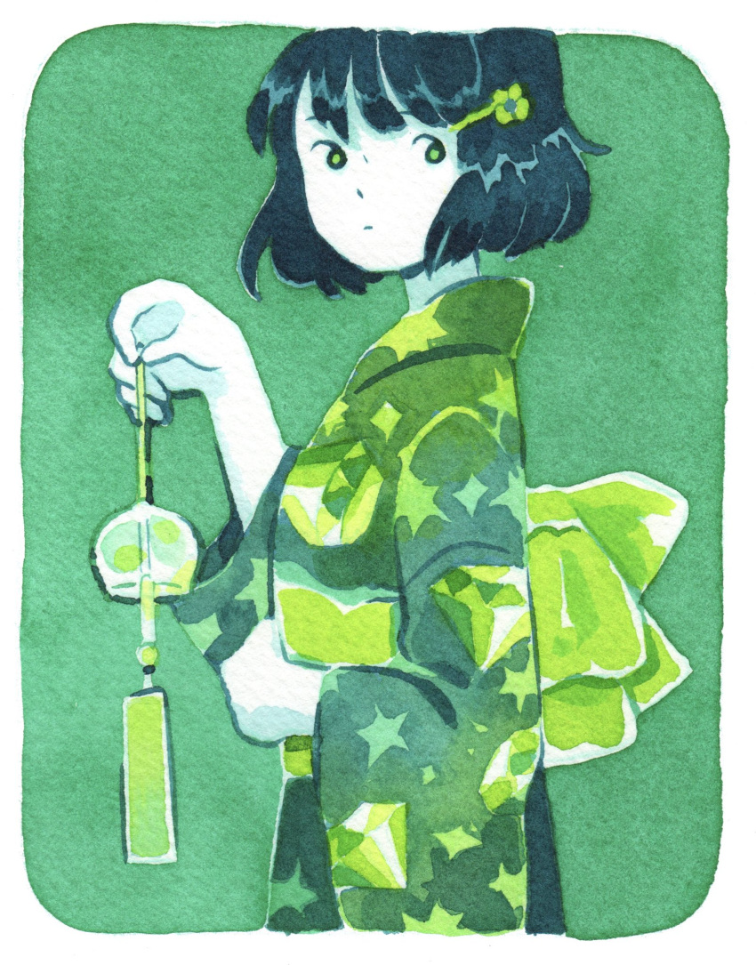 1girl black_hair border colored_skin flower gem_print green_background green_eyes green_kimono green_theme hair_flower hair_ornament hairpin heikala highres holding_wind_chime japanese_clothes kimono monochrome obi original painting_(medium) print_kimono sash short_hair traditional_media watercolor_(medium) white_border white_skin wide_sleeves wind_chime