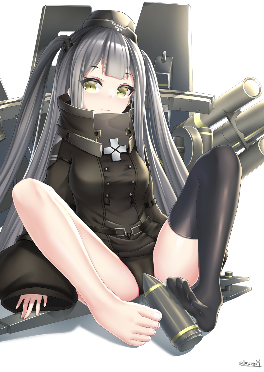 1girl 88_flak_(ash_arms) absurdres amsxure ash_arms barefoot black_hair black_legwear breasts commentary_request feet foot_focus green_eyes highres long_hair looking_at_viewer m_legs medium_breasts panties shell_casing simple_background simulated_footjob single_thighhigh solo spread_legs thighhighs toes trench_coat underwear white_background