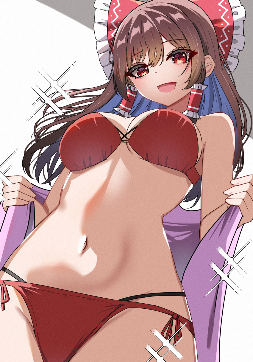 1girl absurdres alternate_costume bikini bow brown_hair commentary frilled_bow frilled_hair_tubes frills hair_bow hair_tubes hakurei_reimu highres kiui_(dagk8254) long_hair looking_at_viewer midriff navel open_mouth red_bikini red_bow red_eyes smile solo swimsuit touhou