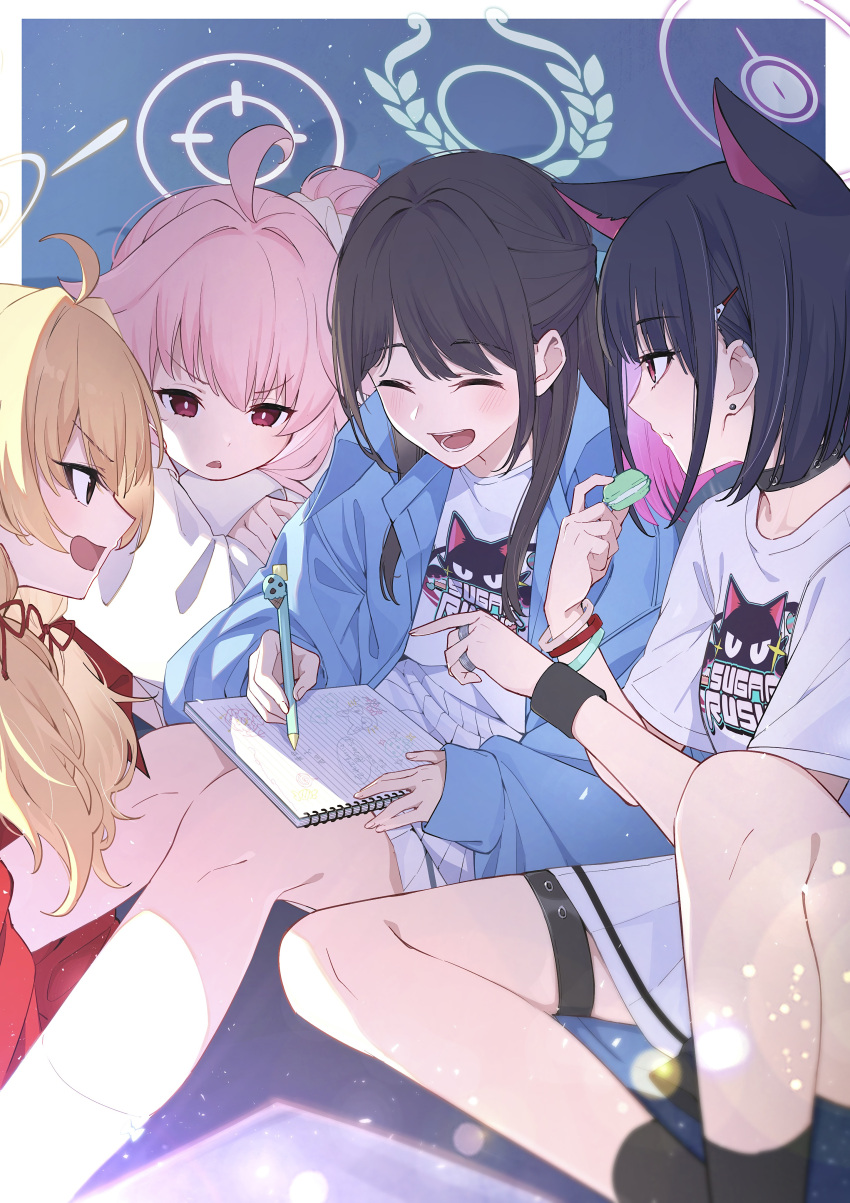 4girls absurdres after-school_sweets_club_(blue_archive) ahoge airi_(band)_(blue_archive) airi_(blue_archive) animal_ears black_choker black_hair black_jacket black_socks blonde_hair blue_archive blue_jacket blush cat_ears choker colored_inner_hair eating extra_ears fingernails food green_halo halo highres holding holding_food holding_pen jacket kazusa_(band)_(blue_archive) kazusa_(blue_archive) long_hair long_sleeves macaron multicolored_hair multiple_girls natsu_(band)_(blue_archive) natsu_(blue_archive) notebook open_clothes open_jacket open_mouth pen pink_hair pink_halo pleated_skirt red_eyes red_jacket shirt short_hair short_sleeves skirt smile socks tamago_sando white_shirt white_skirt white_socks yellow_eyes yellow_halo yoshimi_(band)_(blue_archive) yoshimi_(blue_archive)