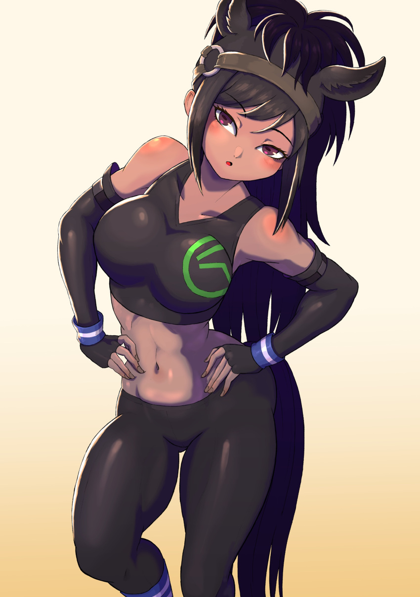 1girl absurdres animal_ears bare_shoulders black_sports_bra breasts brown_eyes brown_hair brown_sports_bra brown_thoroughbred_(kemono_friends) ciapolilla dark-skinned_female dark_skin elbow_gloves extra_ears fingerless_gloves gloves highres horizontal_pupils horse_ears horse_girl horse_tail japari_symbol kemono_friends kemono_friends_3 large_breasts long_hair looking_at_viewer navel pantyhose solo sports_bra sportswear tail