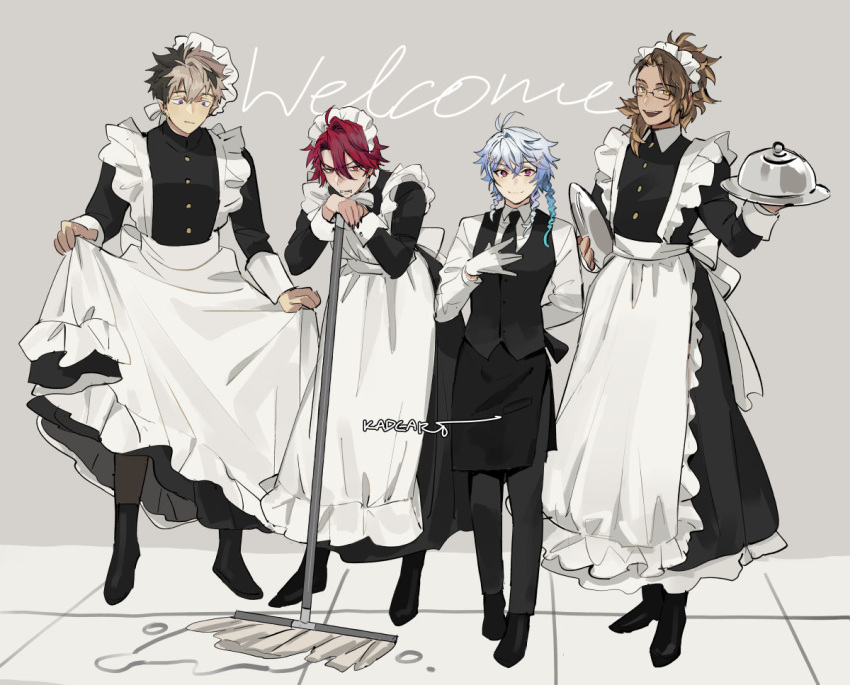 4boys ahoge apron artist_name black_dress black_footwear black_hair black_nails black_necktie black_pants black_pantyhose black_vest blonde_hair blue_hair brown_hair butler clothes_lift crimzon_ruze crossdressing dress dress_lift english_text eyebrow_cut frilled_apron frilled_dress frills glasses goldbullet grey_hair hair_between_eyes hair_ornament hairpin hand_on_own_chest holding holding_plate holoarmis holostars holostars_english jurard_t_rexford kadeart leaning_on_object long_hair long_sleeves looking_at_viewer maid maid_apron maid_headdress male_focus mop multicolored_hair multiple_boys multiple_hairpins necktie octavio open_mouth pants pantyhose pink_eyes plate pointy_ears ponytail purple_eyes red_eyes red_hair shirt short_hair smile streaked_hair tri_braids two-tone_hair vest virtual_youtuber white_apron white_hair white_shirt yellow_eyes