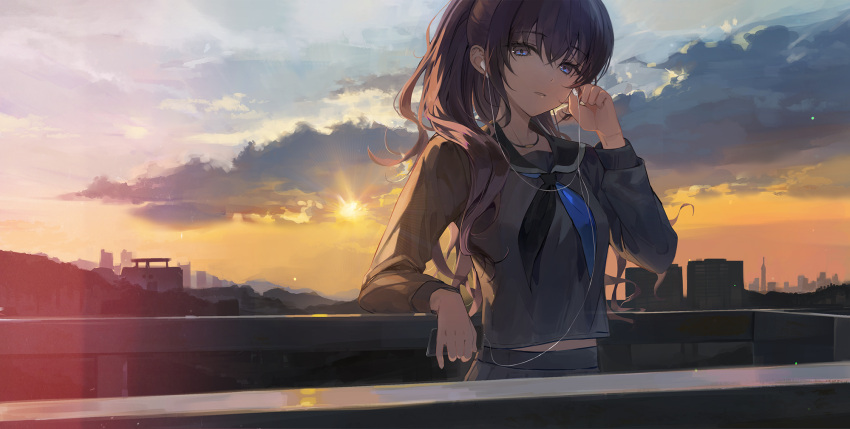 1girl against_railing asahina_mafuyu black_neckerchief black_sailor_collar black_shirt blue_eyes blue_neckerchief building choker cityscape commentary crossed_bangs daby grey_shirt grey_skirt handrail highres landscape long_hair looking_at_viewer neckerchief outdoors ponytail project_sekai purple_hair railing sailor_collar shirt sidelocks skirt sunset two-tone_neckerchief