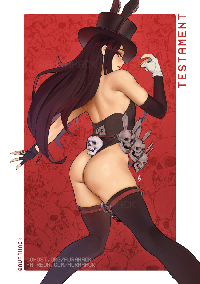 1other animal_ears ass asymmetrical_gloves aurahack bare_shoulders black_gloves black_hair black_thighhighs character_name elbow_gloves fingerless_gloves from_behind gloves guilty_gear hat highres leotard long_hair looking_at_viewer mismatched_gloves other_focus rabbit_ears red_eyes single_elbow_glove solo strapless strapless_leotard testament_(guilty_gear) thighhighs top_hat web_address white_gloves