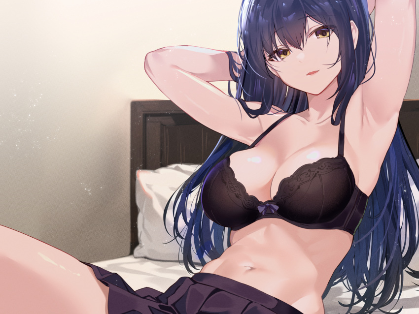 1girl arito_arayuru armpits arms_up bed bed_sheet black_bra black_skirt blue_hair bra breasts brown_eyes cleavage collarbone hair_between_eyes highres long_hair looking_at_viewer medium_breasts navel non-web_source on_bed open_mouth original pillow pleated_skirt school_uniform skirt smile solo stomach underwear