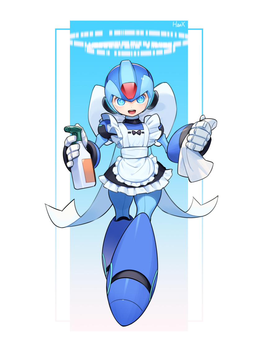 1boy absurdres android apron armor artist_name black_dress blue_armor blue_eyes blue_helmet buzzsaw_(6631455) crossdressing dress forehead_jewel frilled_apron frills full_body halor helmet highres holding maid male_focus male_maid mechanical_parts mega_man_(series) mega_man_x_(series) ribbon solo white_apron white_ribbon x_(mega_man)