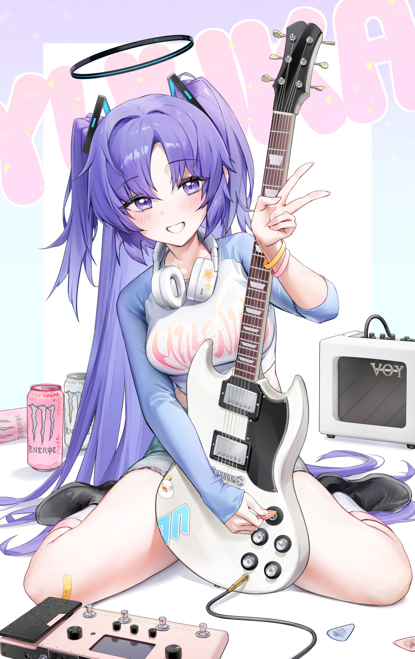 1girl absurdres alternate_costume amplifier blue_archive blush breasts can commentary crop_top denim denim_shorts electric_guitar energy_drink full_body grin guitar hair_ornament hair_ribbon halo heart highres holding holding_guitar holding_instrument holding_plectrum instrument long_hair long_sleeves looking_at_viewer medium_breasts microphone monster_energy murabana44 music open_mouth playing_instrument plectrum purple_eyes purple_hair ribbon shirt shorts sitting smile solo thighs two_side_up v very_long_hair wariza yuuka_(blue_archive)