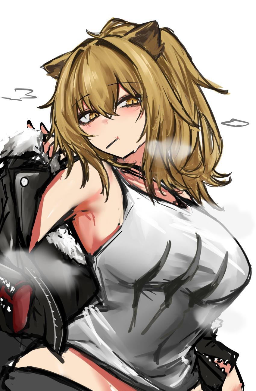 1girl absurdres animal_ears arknights armpits black_jacket breasts brown_hair commentary_request food_in_mouth fur-trimmed_jacket fur_trim hair_between_eyes heavy_breathing highres jacket large_breasts lion_ears lion_girl long_hair looking_at_viewer mitarashi_renge ponytail print_shirt shirt siege_(arknights) simple_background sketch sleeveless sleeveless_shirt slit_pupils solo upper_body white_background white_shirt yellow_eyes