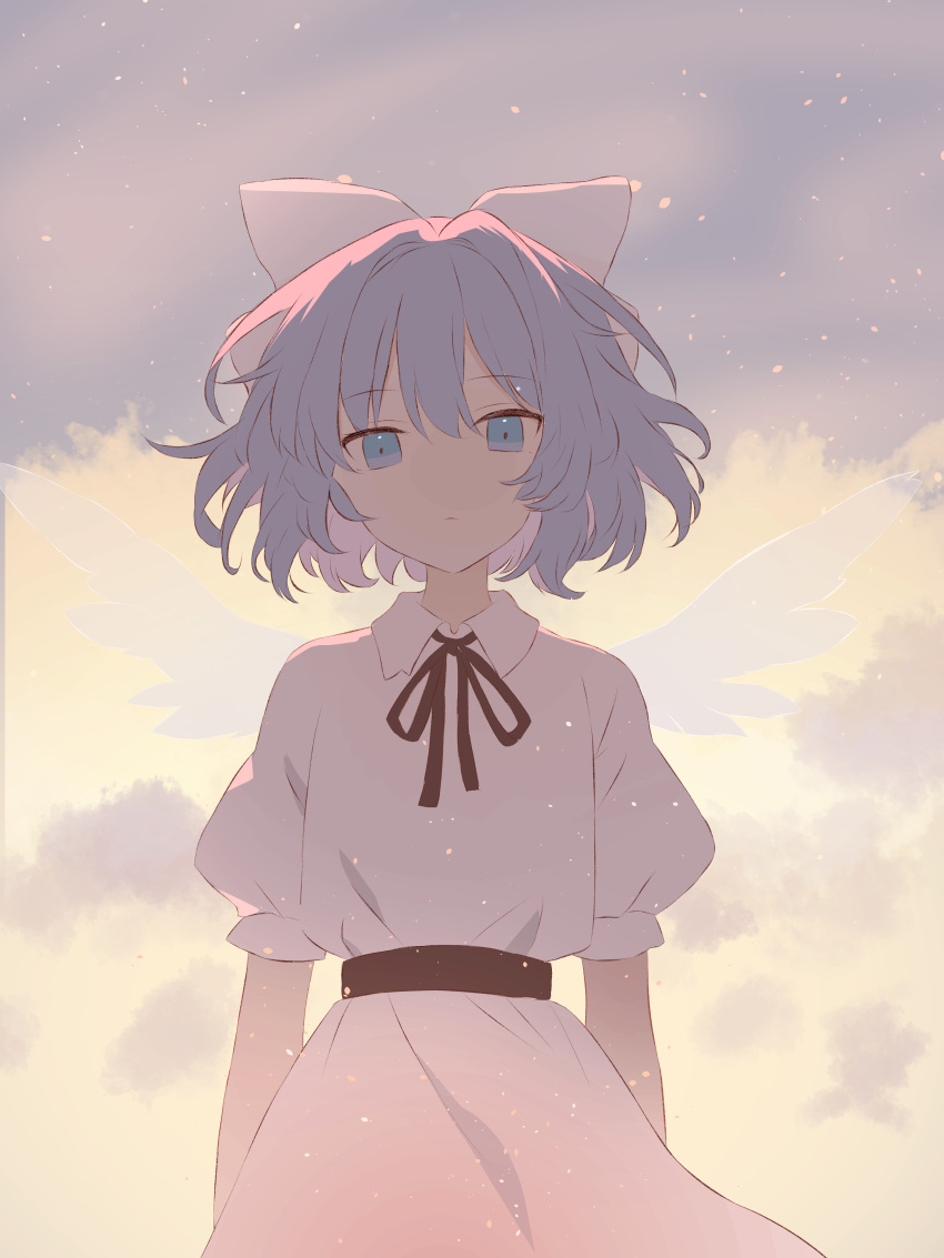 1girl absurdres blue_eyes bow cloud cloudy_sky collared_dress commentary_request cowboy_shot dress expressionless fog hair_bow highres iris-san looking_at_viewer mai_(touhou) mystic_square neck_ribbon puffy_short_sleeves puffy_sleeves purple_hair red_ribbon red_sash ribbon sash short_hair short_sleeves sky solo touhou touhou_(pc-98) upper_body white_bow white_dress